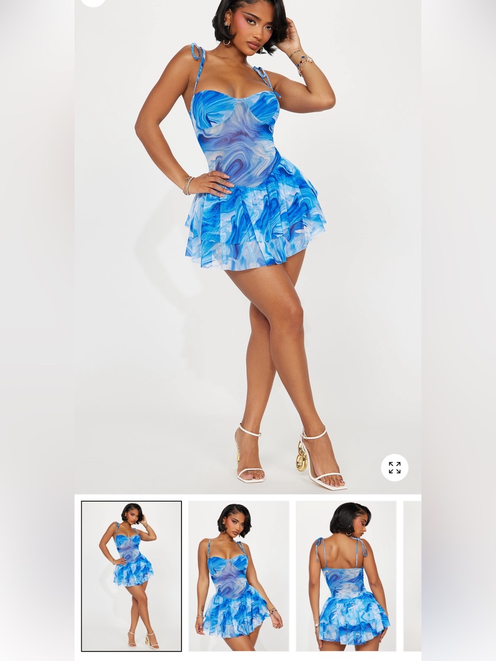 Fashion Nova Blue Marble Tie-Strap Skater Dress